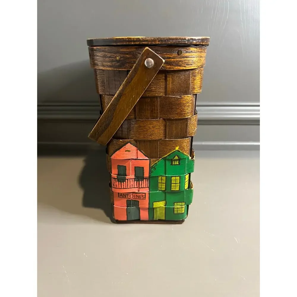 Vintage Basketville J. Hussey Handpainted Basket Purse‎ NOLA  9.5x4.5x9.5 Boho